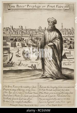 Ein Mann stand am Ufer eines gefrorenen Themse. Erra-Pater (oder Erra Pater) ist die angenommene Name des Autors astrologischer Almanach zuerst 1535 veröffentlicht. Erra Paters prophezeien, oder Frost faire 168 4/3. [Verse mit Gravuren.]. London, 1684. Quelle: C.20.F. 2. (158). Sprache: Englisch. Stockfoto