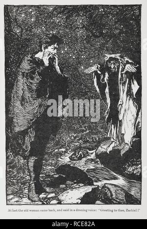 Abbildung von Jorinde und Joringel der Zachiel und die alte Frau. Die Märchen der Gebrüder Grimm. Mit Ill. von Arthur Rackham. London: William Heinemann, [1925]. Endlich die alte Frau kam zurück und sagte in einer dröhnenden Stimme: 'Gruß an Dich, Zachiel!''. Quelle: 12410. r.7. auf Seite 21. Autor: RACKHAM, Arthur. Gebrüder Grimm. Stockfoto