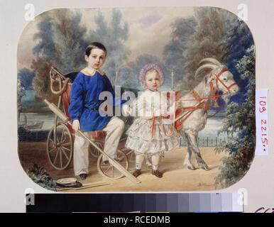 Grand Duke Alexander (zukünftige Kaiser Alexander III.) und Großfürsten Alexei als Kinder im Garten. Museum: Staat A Puschkin-Museum für bildende Künste, Moskau. Thema: Hau (Gau), Wladimir Iwanowitsch. Stockfoto