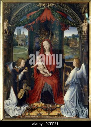 Jungfrau und Kind mit Engeln. Die mittlere Verkleidung des Pagagnotti Triptychon. Museum: Uffizien, Florenz. Autor: MEMLING, Hans. Stockfoto