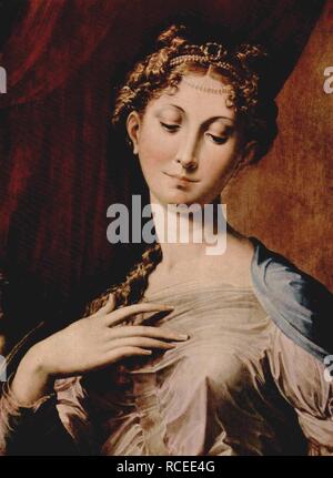 Madonna mit Kind und Engeln (Madonna mit dem langen Hals) Detail. Museum: Uffizien, Florenz. Autor: PARMIGIANINO. Stockfoto
