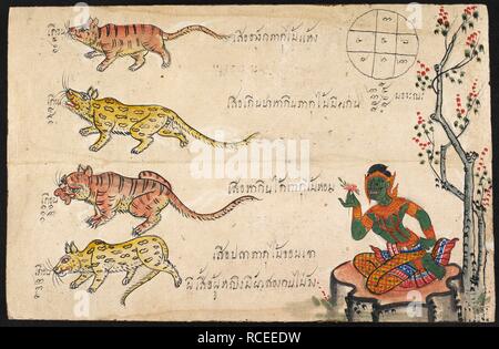 Maskottchen für das Jahr des Tigers. Wahrsagen Handbuch. c 1850. Malerei aus einem thailändischen Papier gefaltet. Quelle: Oder. 13650, f 3. Sprache: Thai. Stockfoto