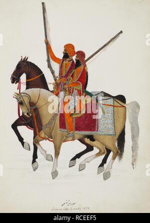 Leibwächter von Ranjit Singh. Zwei Reiter auf Reich caparisoned Mounts. In der persischen Zeichen bezeichnet: der awardan ich khass'; in Englisch 'Lahore Life Guards 1838'. 1838-1839. Bleistift und Aquarell. Quelle: Hinzufügen. Oder. 1385. Stockfoto