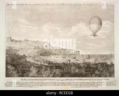 Herr Blanchard & Dr Jefferies Abflug von Dover. Die ersten airbourne Ärmelkanal, am 7. Januar 1785. Eine Sammlung von einblattdrucke und Stecklinge... 1780?-1810?. Herr Blanchard & Dr Jefferies Abflug von Dover mit dem Ballon, für den Kontinent Januar 7th, 1785. Jean-Pierre Blanchard, mit John Jeffries, ein Amerikaner, waren die ersten Männer den Ärmelkanal von Ballon zu überqueren, von Dover nach Calais. Quelle: L.R.301.h.3, 19. Sprache: Englisch. Stockfoto