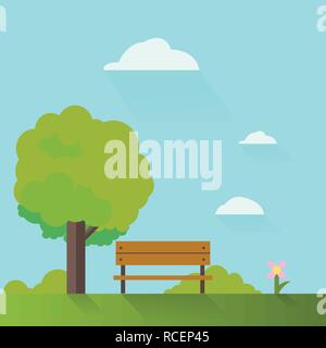Park mit grünen Bäumen, Sitzbank und Himmel Hintergrund. Landschaft von City Park mit Wolkenkratzern Vektor. Stock Vektor