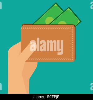 Flache Hand Holding braune Geldbörse Geld Vektor. Stock Vektor