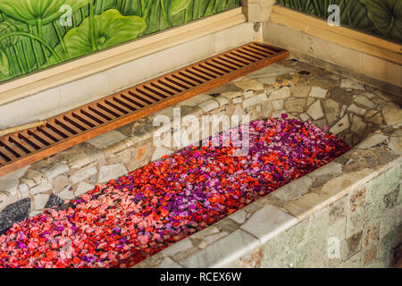 Badewanne mit Blüten der tropischen Farben und Aromaölen Stockfoto