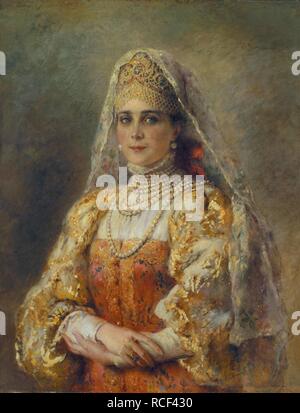 Porträt von Fürstin Zinaida Yusupova in Russischen Kleid. Museum: Staatliches Historisches Museum, Moskau. Autor: Makovsky, Konstantin Yegorovich. Stockfoto