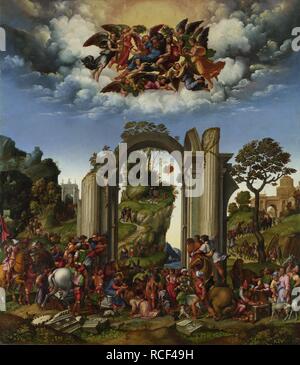 Die Anbetung der Heiligen Drei Könige. Museum: National Gallery, London. Autor: GIROLAMO DA TREVISO. Stockfoto
