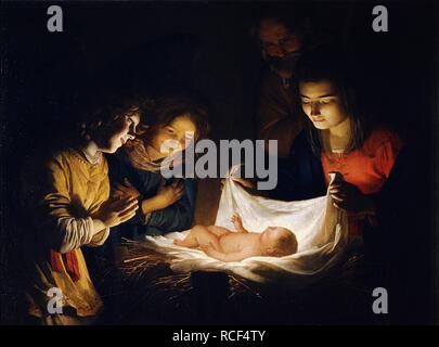 Die Verehrung des Christus Kind. Museum: Uffizien, Florenz. Autor: GERRIT VAN HONTHORST. Stockfoto