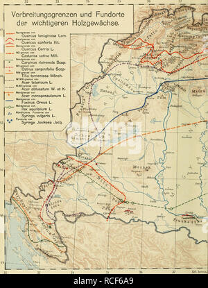 . Verbreitung der forstlich wichtigen Bäume und Sträucher um ungarischen Staate sterben. Gehölze. Fekete-Blattny; Verbreitung der Sterben - Forstlich wichtigen Bäume und Sträucher im ungarischen Staate. Verbreitungsgrenzen und Fundorte der wichtigeren Holzgewächse.  ^ , Nordgrenze von Quercus lanuginosa Lam/**S Arealgpenze von^.* I>^Quercus conferta Kit. 1 Cenris Nordgrenzo von Quercus L.""" NO-Grenze von Castanea sativa Mill.  .  Nordgi • Carpinus duinensis Scop. ^ ^   NEIN - Grenze von, Ostrya carpinifolia Scop. NW-Grenz von 8'181 Tilla tomentosa Mönch. , . W-NW-g Acep tataricum L^^ N-NO- Stockfoto