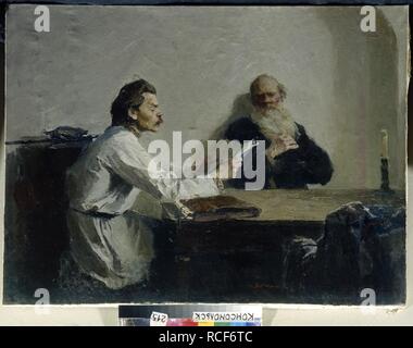 Maxim Gorki Besuch von Leo Tolstoi. Museum: regionale Kunst Museum, Komsomolsk am Amur. Autor: Makarov, Alexej Iwanowitsch. Stockfoto