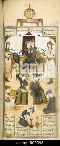 Bahram Gur mit der Griechischen Prinzessin im weißen Pavillon. Nizami die Khamsa ('Fünf Gedichte"). Isfahan, Iran, 1665-1667. Quelle: Hinzufügen. 6612, f. 184 v. Sprache: Persisch. Autor: NIZAMI. Talib Lala. Stockfoto