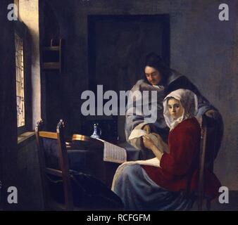 Mädchen unterbrochen um ihre Musik. Museum: Frick Collection, New York. Thema: Vermeer, Jan (Johannes). Stockfoto