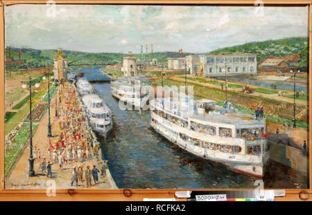 Die Moscow-Volga Kanal wird geöffnet. Museum: Regionale I. Kramskoi Art Museum, Woronesch. Autor: Modorov, Fjodor Alexandrowitsch. Stockfoto