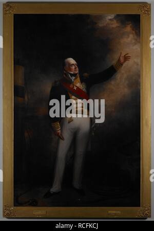 Edward Pellew, 1. Viscount Exmouth, Admiral (1757-1835) c 1817 ein in voller Länge. Pellew steht auf seinem Viertel - Deck, während das Bombardement von Algier, ohne Kopfbedeckung, ein Teleskop in der rechten Hand und die linke angehoben. Er trägt die Multifunktionsleiste und die Insignien der Badewanne und mehrere ausländische Dekorationen. Viscount Exmouth bombardiert Algier im August 1816 und rettete 3.000 christlichen Sklaven von der Bey. Im Krieg der amerikanischen Unabhängigkeit serviert. Commander-in-chief Ostindien 1804-09. Während dieser Zeit war er der Niederländischen in Batavia und Gresik besiegt und geschützten Britische Schiffe gegen Französische priv Stockfoto