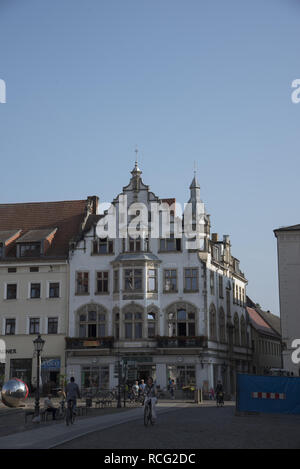 Wittenberg ist eine Stadt mit 50000 Einwohnern und eng mit Martin Luther verknüpft und die protestantische Reformation hier ein Haus am zentralen Platz. Stockfoto