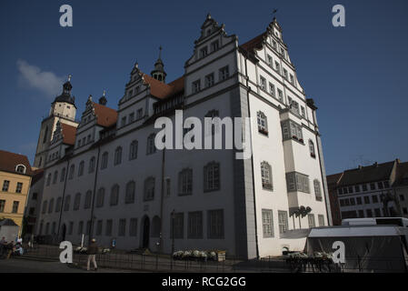 Wittenberg ist eine Stadt mit 50000 Einwohnern und eng mit Martin Luther verknüpft und die protestantische Reformation hier mit der Stadt Halle. Stockfoto