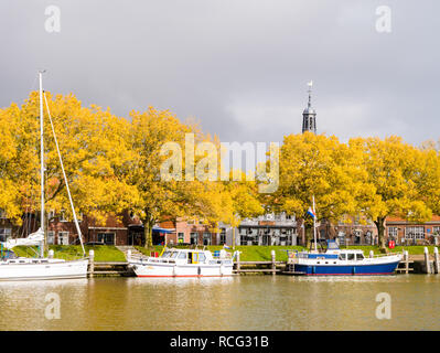 Segelboote vertäut am Steg in der Marina, Bäume im Herbst Farben und Gewitterwolken, Enkhuizen, Noord-Holland, Niederlande Stockfoto