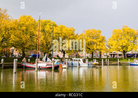 Segelboote vertäut am Steg in der Marina, Bäume im Herbst Farben und Gewitterwolken, Enkhuizen, Noord-Holland, Niederlande Stockfoto