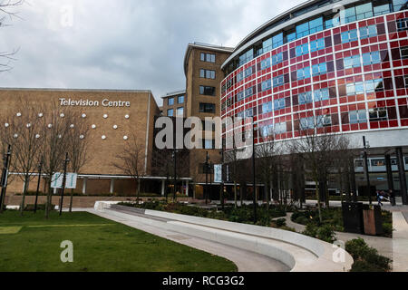 London, England - Januar 2019: Television Centre, Wood Lane, Weiße Stadt (ehemals BBC Television Centre) Stockfoto