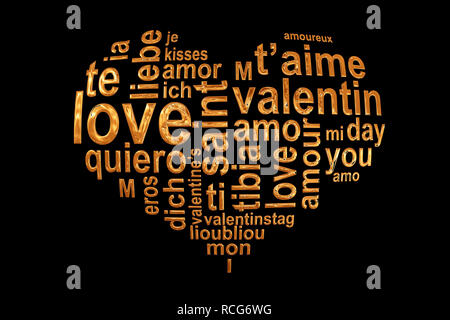 Liebe Worte in ein goldenes Herz auf schwarzem Hintergrund isoliert, Valentine, mehrsprachige Wort cloud Grußkarte Stockfoto