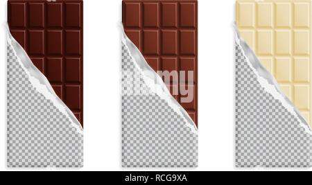 Milch, dunkle und weiße Schokolade bars in wrapper Mock up Set, leeres Paket mit Platz für Text auf weißem Hintergrund. Vector Illustration Stock Vektor