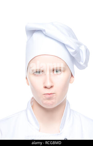Portrait von Chefkoch in hat Close up auf weißem Hintergrund Stockfoto