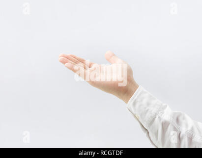 Schließen Sie Palm männliche Hand auf Weiß. isolierte Images Stockfoto