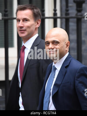 Außenminister Jeremy Hunt (links) und Innenminister Sajid Javid kommen in Downing Street, London, für eine Sitzung des Kabinetts, vor dem Unterhaus Abstimmung über des Ministerpräsidenten Brexit beschäftigen. Stockfoto