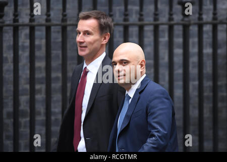 Außenminister Jeremy Hunt (links) und Innenminister Sajid Javid kommen in Downing Street, London, für eine Sitzung des Kabinetts, vor dem Unterhaus Abstimmung über des Ministerpräsidenten Brexit beschäftigen. Stockfoto