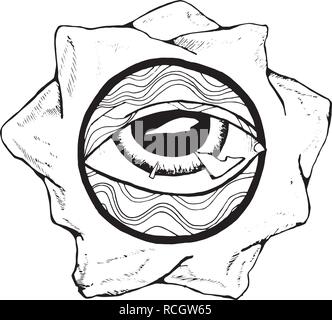 Schwarz Weiß Abbildung des Auges, in den Bergen und Muster eingeschrieben. Tattoo Idee Stock Vektor