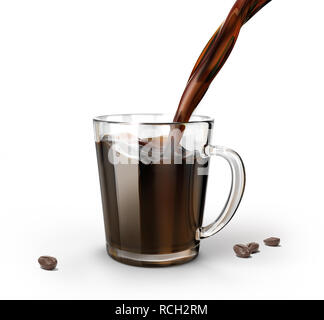 Gießen Kaffee in ein Glas transparent Tasse. Auf weißem Hintergrund, mit ein paar Kaffeebohnen neben. Beschneidungspfad enthalten. Stockfoto