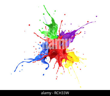 Rot, Blau, Violett, Gelb und Grün Farbe splash Explosion, Spritzer Gegeneinander. isoliert auf Weiss. Stockfoto