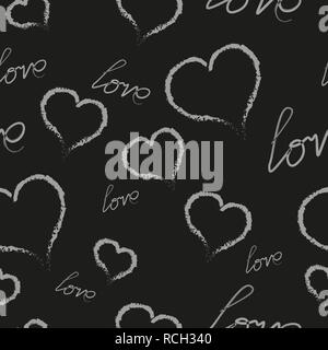 Die weißen Herzen und Liebe Inschrift auf einem schwarzen Hintergrund. Muster Vector Illustration. Stock Vektor