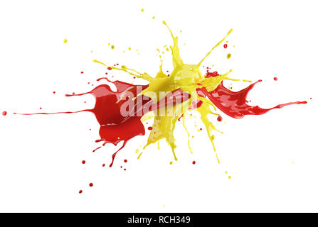 Rote und gelbe Farbe splash Explosion, Spritzer Gegeneinander. Auf weissem Hintergrund. Stockfoto
