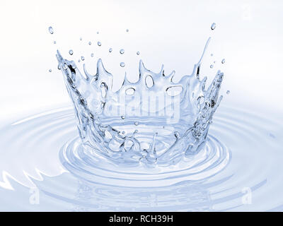 Wasser Krone Splash in einem Pool mit Wasser, mit kreisförmigen Wellen um. Vogelperspektive isoliert auf weißem Hintergrund. Stockfoto