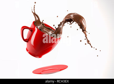 Red Porzellanbecher Tasse und Untertasse springen mit flüssiger Schokolade Wave splash. Auf weissem Hintergrund. Stockfoto