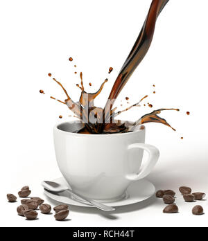 Flüssiger Kaffee giessen und Spritzen in eine weiße Tasse mit Untertasse und Löffel, mit Kaffee Bohnen auf dem Boden. Stockfoto