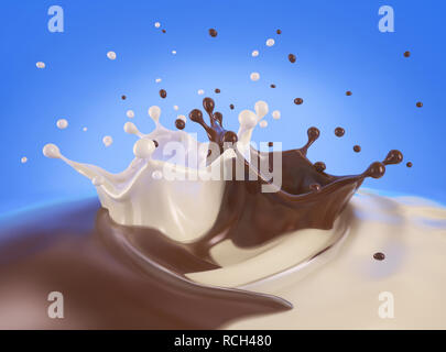 Double Crown splash von Milch und Schokolade Mischung zusammen, auf blauem Hintergrund. Nähe zu sehen. Stockfoto