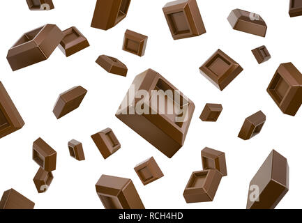 Viele Schokolade Würfel fallen Fliegen im weißen Bereich. Isoliert. Beschneidungspfad enthalten. Stockfoto