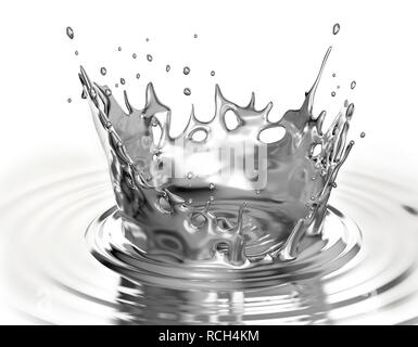 Flüssiges Metall Krone splash in flüssiges Metall Pool mit Wellen. Auf weissem Hintergrund. Stockfoto