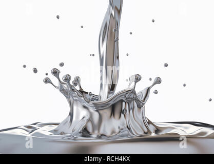 Liquid Silver Metall gießen mit Krone Splash und Kräuselungen. Von der Seite. Auf weissem Hintergrund. Stockfoto