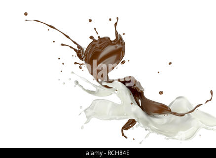 Milch und Schokolade oder Farbe spritzen gegen jeden anderen in der Luft. Auf weissem Hintergrund. Stockfoto