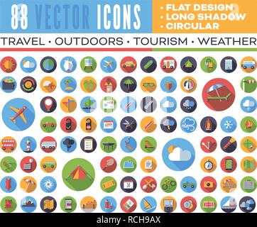 Satz von 88 flachen Design lange Schatten runde Vector Icons für Web, Print, Apps, interface design: Reisen, Natur, Tourismus, Wetter. Stock Vektor