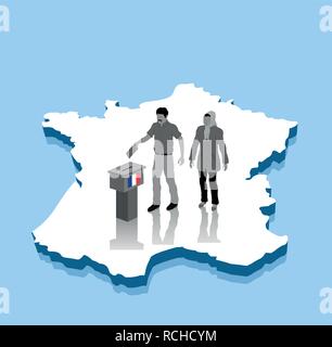 Migrant Wähler stimmen für Französische Wahl über eine 3D-Karte. Alle Objekte, Schatten und Hintergrund sind in verschiedenen Schichten. Stock Vektor