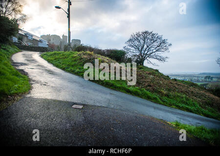 Ffordd Pen Llech, Harlech, Gwynedd, die Anwohner wieder behauptet die steilste Straße der Welt zu sein, und eine Bewerbung für diese statuus mit dem Guinness Buch der Rekorde die steilste 10-Meter-Sektion [die entscheidende Distanz für den Weltrekord] ist 39.25% Januar 2019 Stockfoto