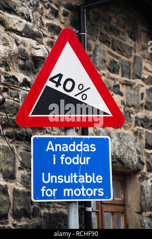 Ffordd Pen Llech, Harlech, Gwynedd, die Anwohner wieder behauptet die steilste Straße der Welt zu sein, und eine Bewerbung für diese statuus mit dem Guinness Buch der Rekorde die steilste 10-Meter-Sektion [die entscheidende Distanz für den Weltrekord] ist 39.25% Januar 2019 Stockfoto