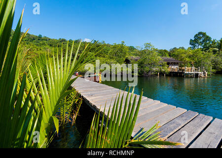 Sommer Landschaft auf der tropischen Insel Koh Kood Insel in Thailand. Landschaft mit Pier von Ao Noi Strand genommen. Stockfoto