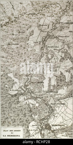 Napoleonischen Karte. Ufer des Flusses Beresina (Belarus). Schlacht an der Beresina. Es fand vom 26. bis 29. November 1812, zwischen der Französischen Armee von Napoleon, Rückzug nach seinem Einmarsch in Rußland und der Überquerung der Beresina (in der Nähe von Borisov, Belarus) und die russischen Truppen. Atlas de l'Histoire du Consulat et de l'Empire. Geschichte des Konsulats und des Empire von Frankreich unter Napoleon von Marie Joseph Louis Adolphe Thiers (1797-1877). Zeichnungen von Dufour, Stiche von Dyonnet. In Paris, 1864 bearbeitet werden. Stockfoto